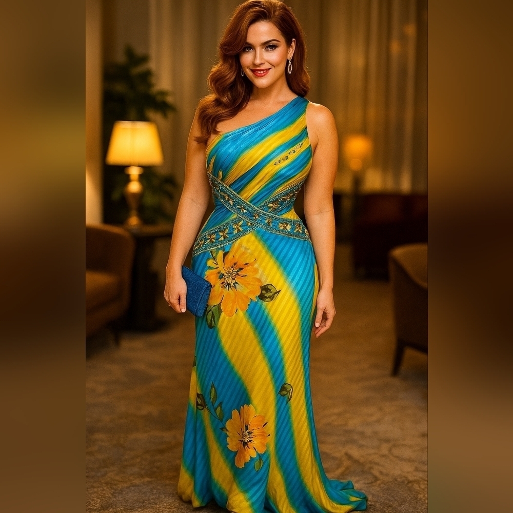 Elegant One Shoulder Blue and Yellow Dress
